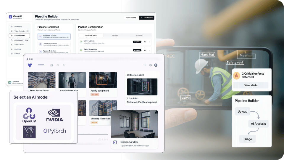 Vloggi AI Platform Interface - Build custom video AI workflows with drag-and-drop simplicity. Shows pipeline builder, AI model selection, and real-time video analysis capabilities.